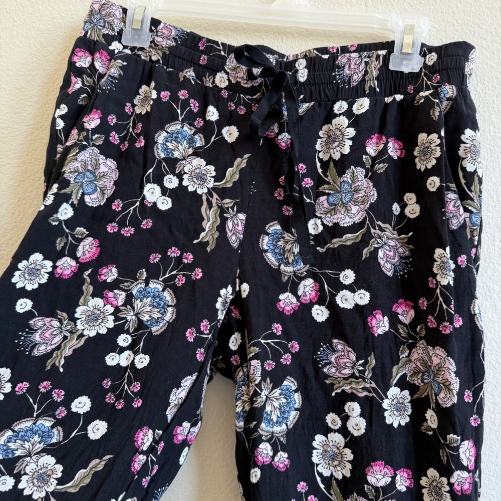 Loft Women Black Floral Print Drawstring Elastic Waist Viscose Relaxed Pants S